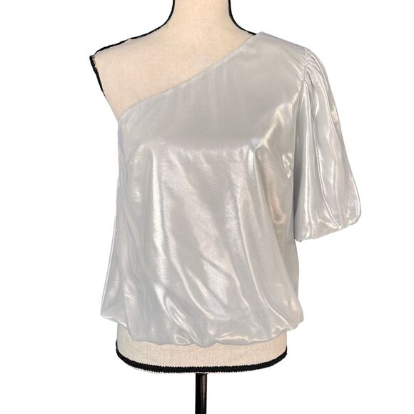 INC Medium Top One-Shoulder Puff Sleeve Asymmetrical Neck Silver Shimmer Lined - Picture 1 of 8